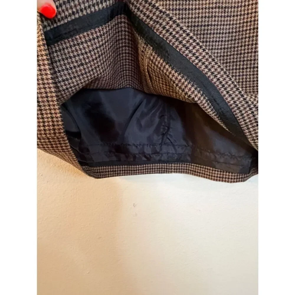 Eddie Bauer Skirt Wool Brown Houndstooth Fully Lined Front Zip Size 10 Pockets